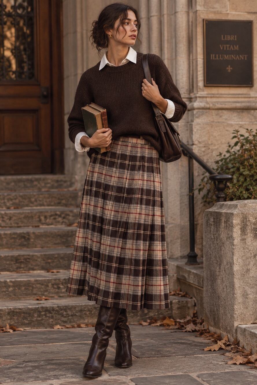 Vintage 90s Appleseeds Brown Plaid Tartan Wool Pleated Maxi Skirt Size Lg